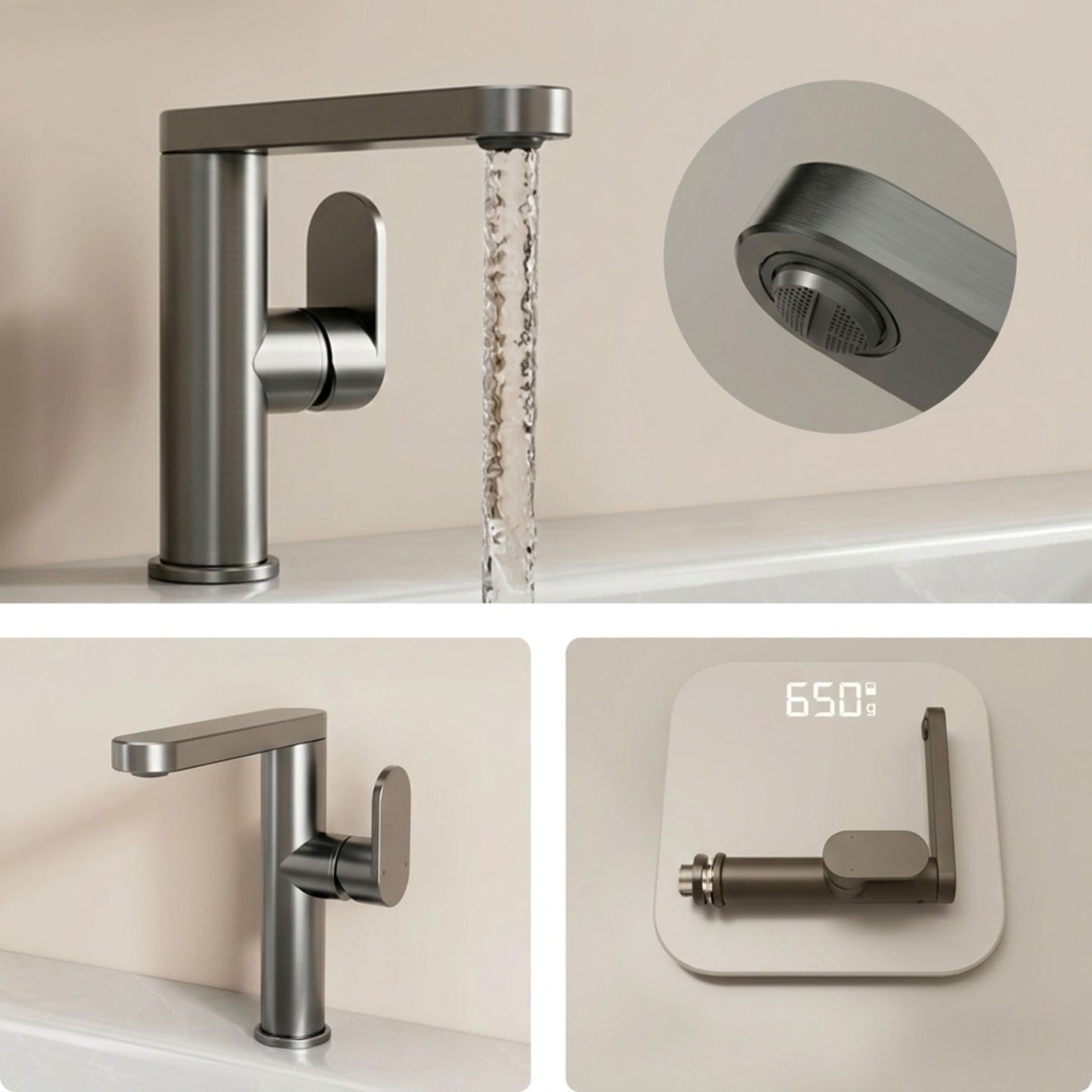 Mitigeur Lavabo Gris – Robinet Salle de Bain 360° (Eau Chaude/Froide)