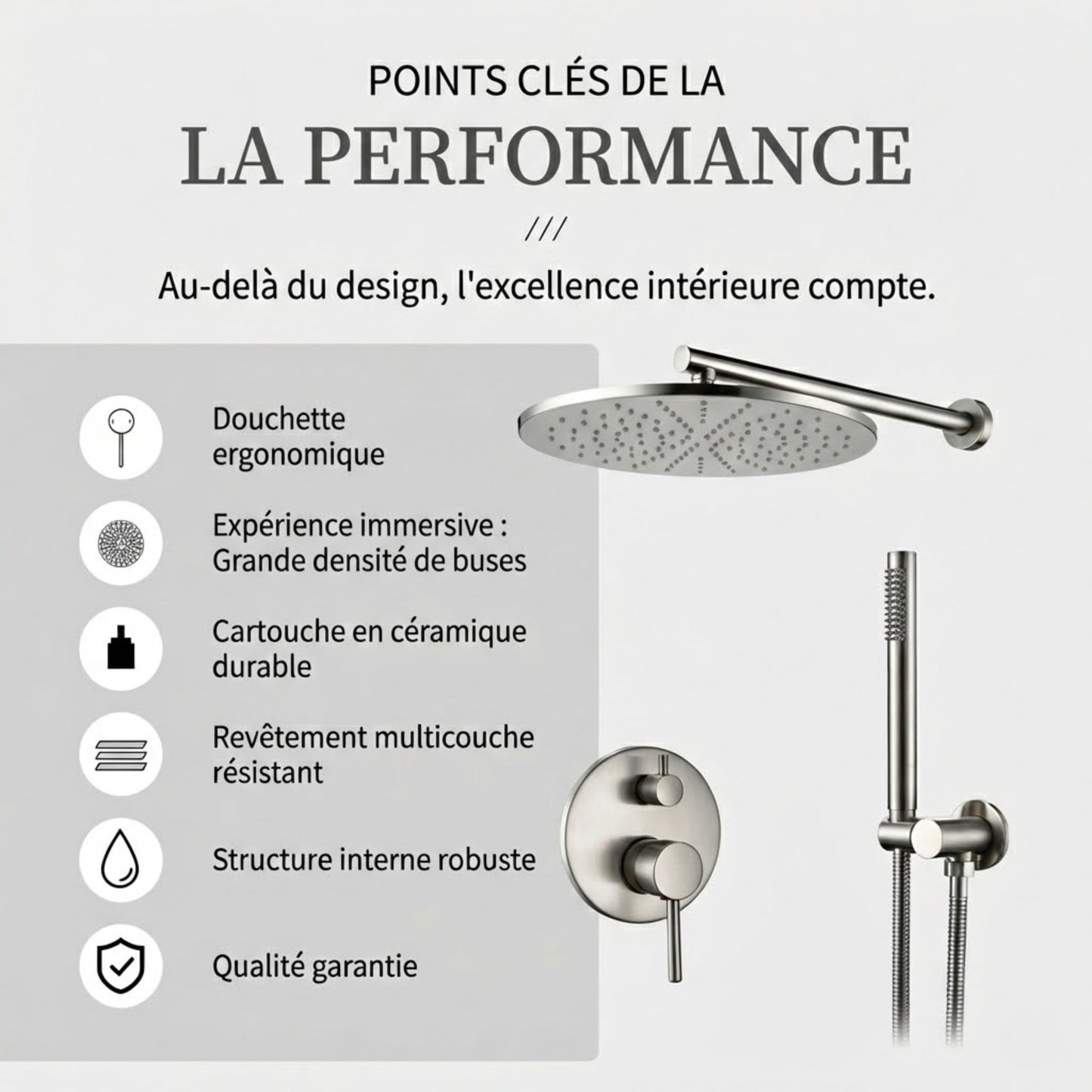 Colonne de Douche Encastrable Ronde – Pluie & Douchette (Noir, Inox brossé, Rose gold, Or brossé)