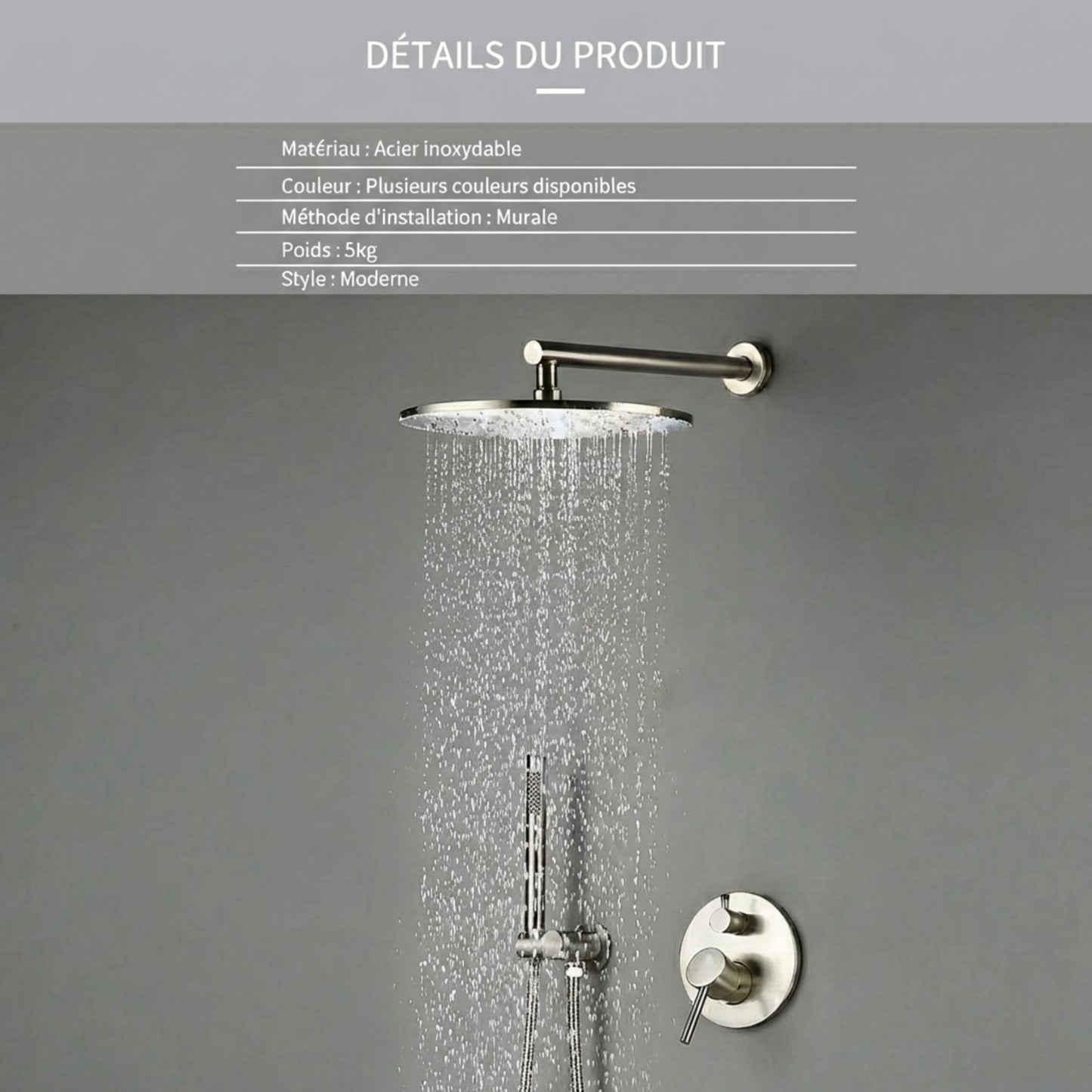 Colonne de Douche Encastrable Ronde – Pluie & Douchette (Noir, Inox brossé, Rose gold, Or brossé)