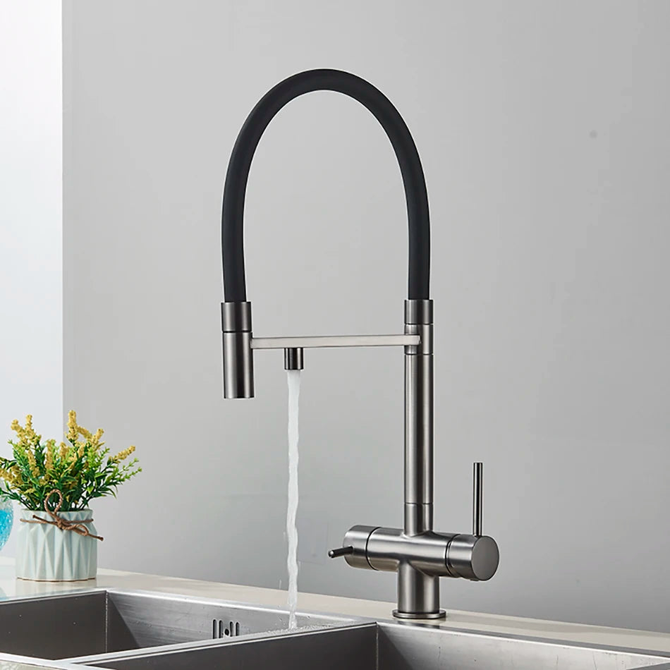 Robinet de Cuisine Mitigeur 3 Voies – Bec Haut avec Double Sortie (Eau Filtrée + Chaud/Froid)