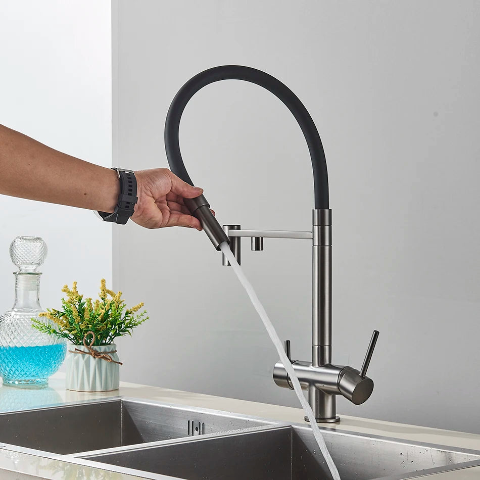 Robinet de Cuisine Mitigeur 3 Voies – Bec Haut avec Double Sortie (Eau Filtrée + Chaud/Froid)