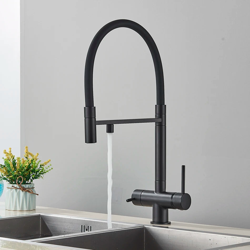 Robinet de Cuisine Mitigeur 3 Voies – Bec Haut avec Double Sortie (Eau Filtrée + Chaud/Froid)