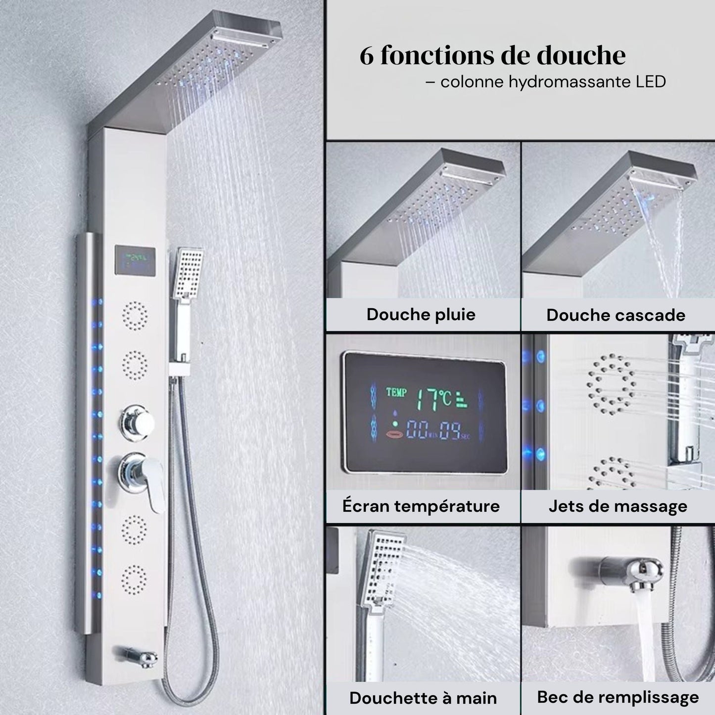 Colonne de Douche Hydromassante à affichage digital LED – Cascade & Massage - Fluens