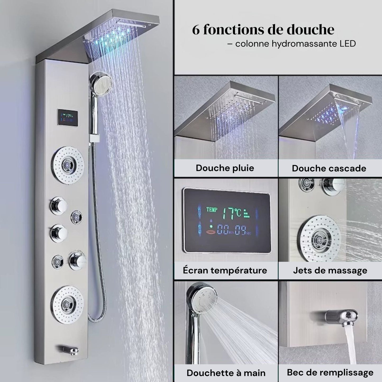 Colonne de Douche Hydromassante à Affichage Digital LED – Massage & Détente - Fluens