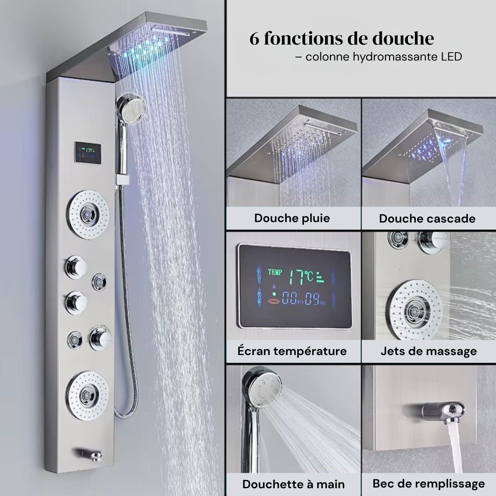 Colonne de Douche Hydromassante à Affichage Digital LED – Massage & Détente - Fluens