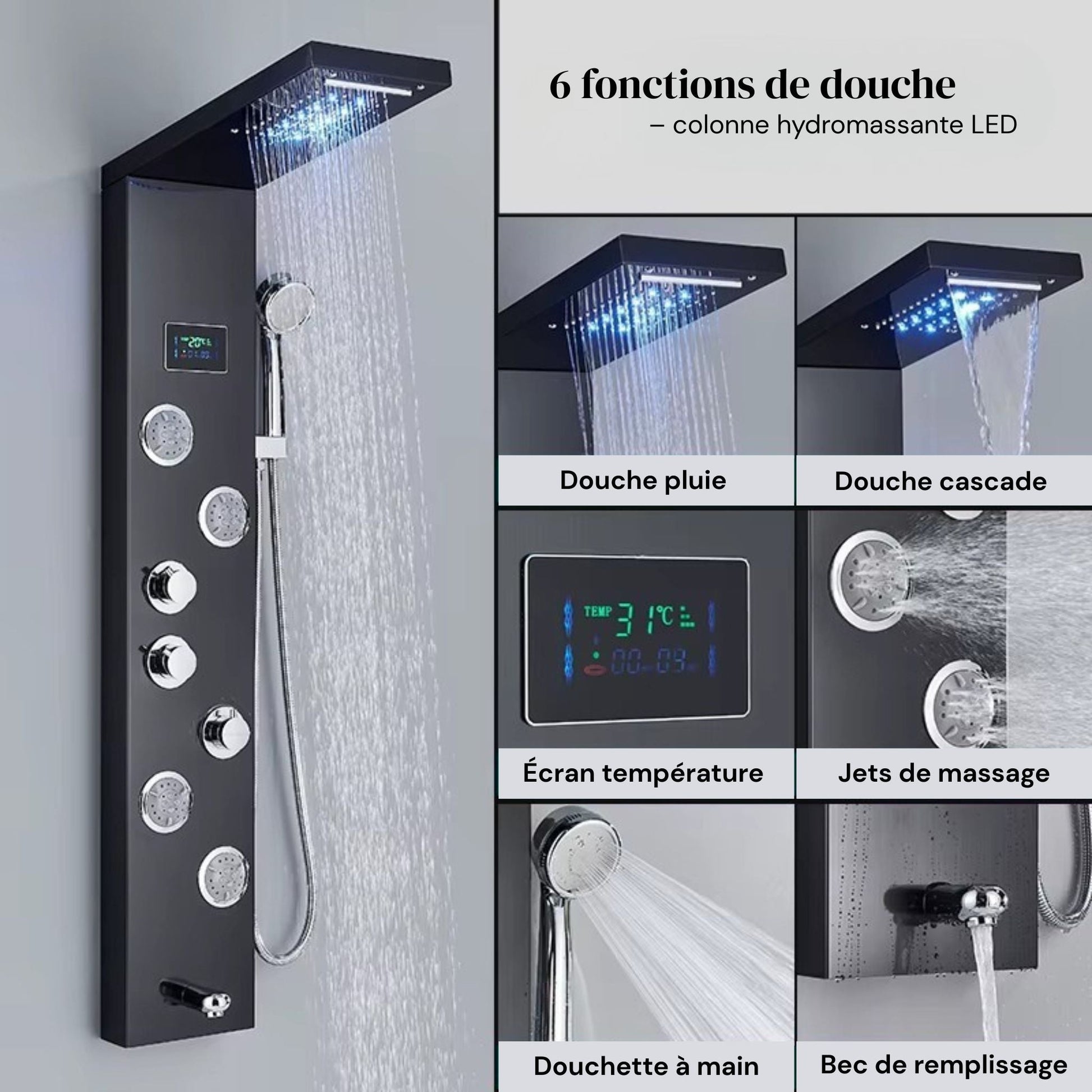 Colonne de Douche Hydromassante à Affichage Digital LED – Massage & Détente - Fluens