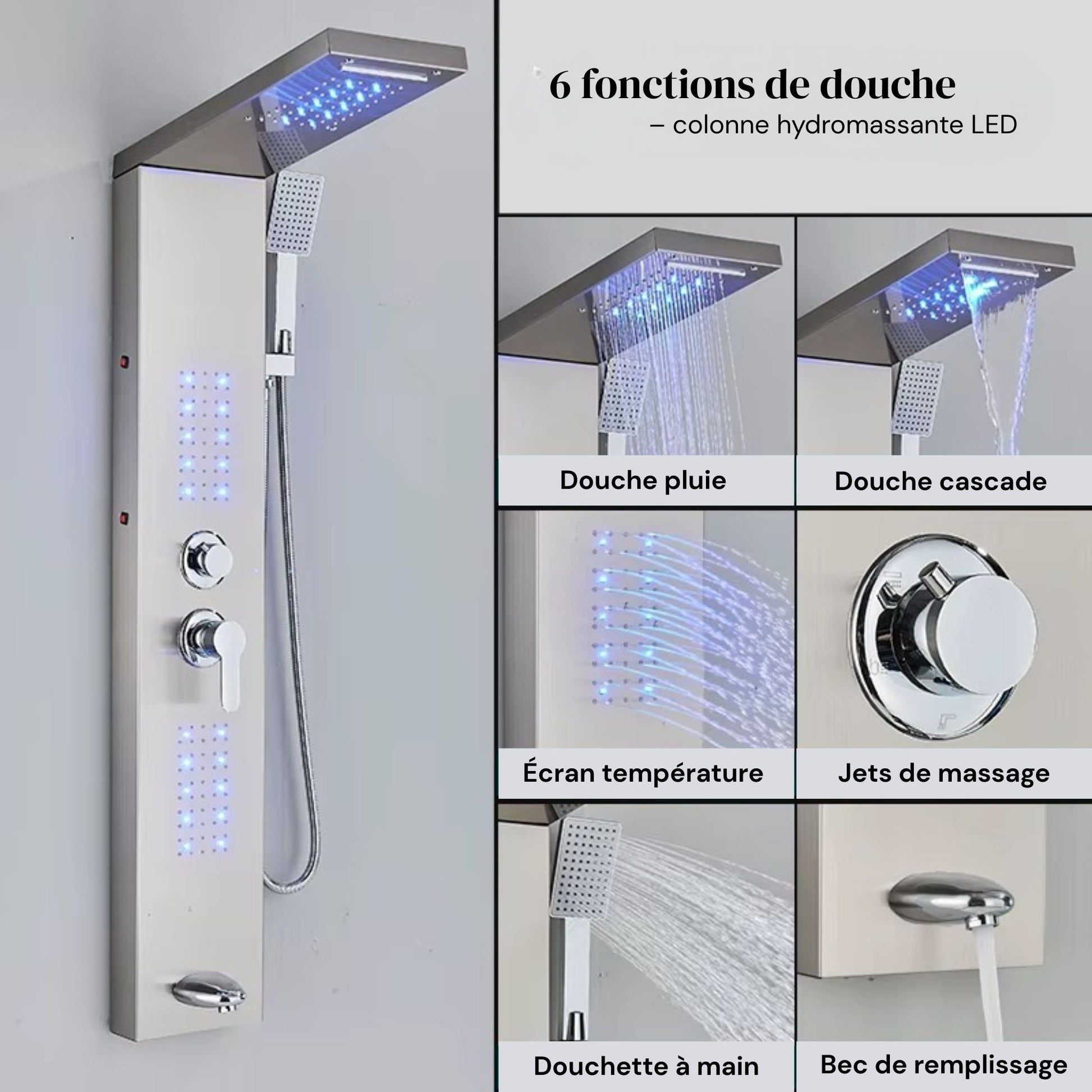 Colonne de Douche Hydromassante – Pluie, Cascade & Jets LED - Fluens